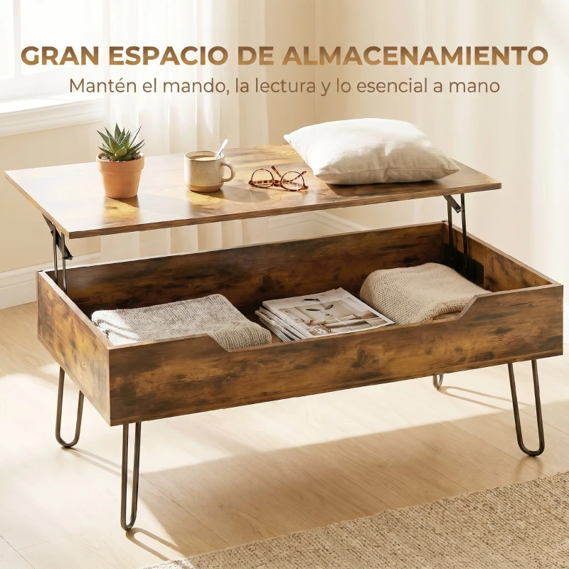 HOMCOM Mesa de Centro con Tapa Elevable Compartimento Oculto Patas de Acero 95x50x40 cm Marrón Rústico