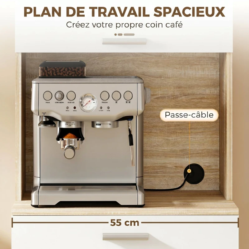 HOMCOM Buffet haut cuisine, armoire de cuisine avec 2 portes, tiroir et plan de travail, 55x40x174 cm, blanc et bois naturel