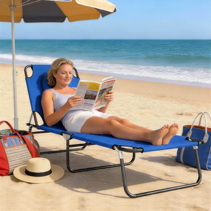 Homcom Transat de Jardin Chaise Longue Pliante Bain de Soleil Bleu