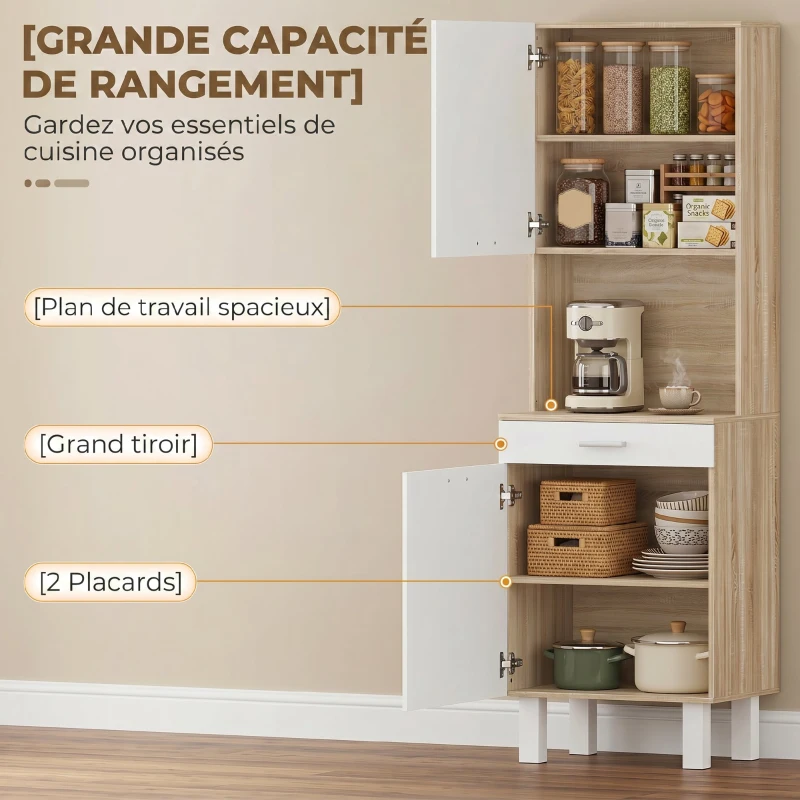 HOMCOM Buffet haut cuisine, armoire de cuisine avec 2 portes, tiroir et plan de travail, 55x40x174 cm, blanc et bois naturel