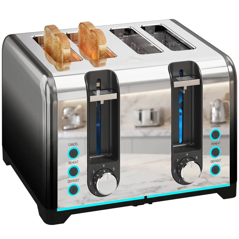 HOMCOM 4 Slice Toaster with 7 Browning Levels, Reheat, Defrost and Cancel Functions