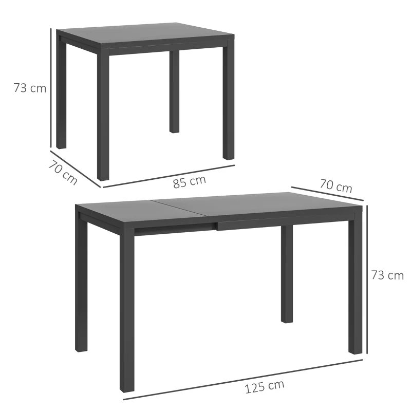 Outsunny Masă de Grădină Extensibilă 85/125 x 70 x 73 cm, Masă de Dining pentru 4-6 Persoane, Dreptunghiulară, din Aluminiu cu Blat din Sticlă, Pentru Patio Terasă Balcon Exterior, Gri Închis
