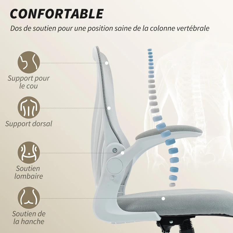 HOMCOM Chaise bureau ergonomique, fauteuil de bureau maille, dossier rabattable, accoudoirs relevables, 73x62x101-111cm, gris