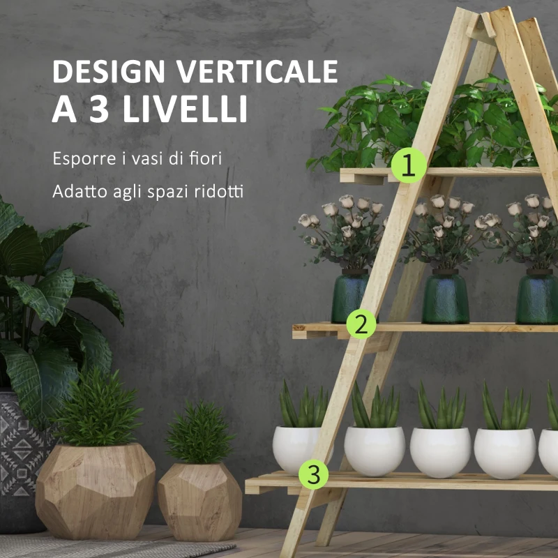 Outsunny Portapiante Verticale 3 Livelli a Doghe in Abete, 100x36x112 cm, Color Legno