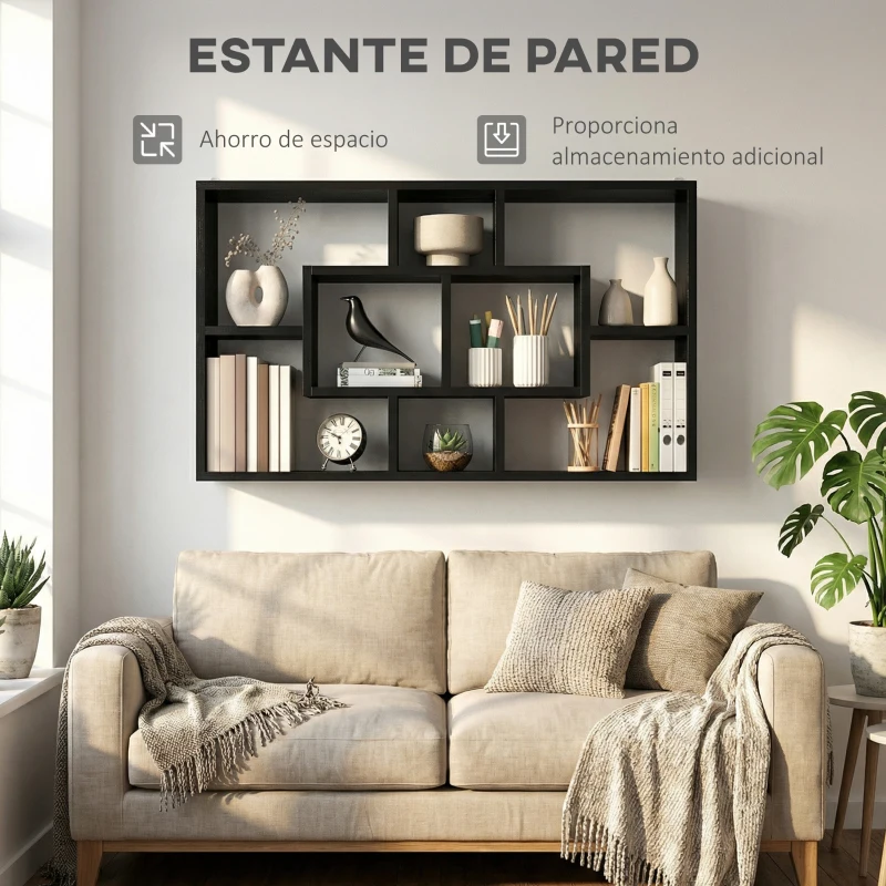 HOMCOM Estante de Pared Decorativo Estantería para Libro, CDs con 8 Cubos 85x14,5x47,5 cm Negro