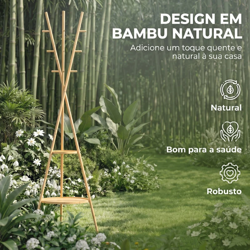 HOMCOM Cabide de Pé em Bambu Cabide para Roupas com 2 Prateleiras e 9 Ganchos Design Elegante 58,5x58,5x176 cm Madeira