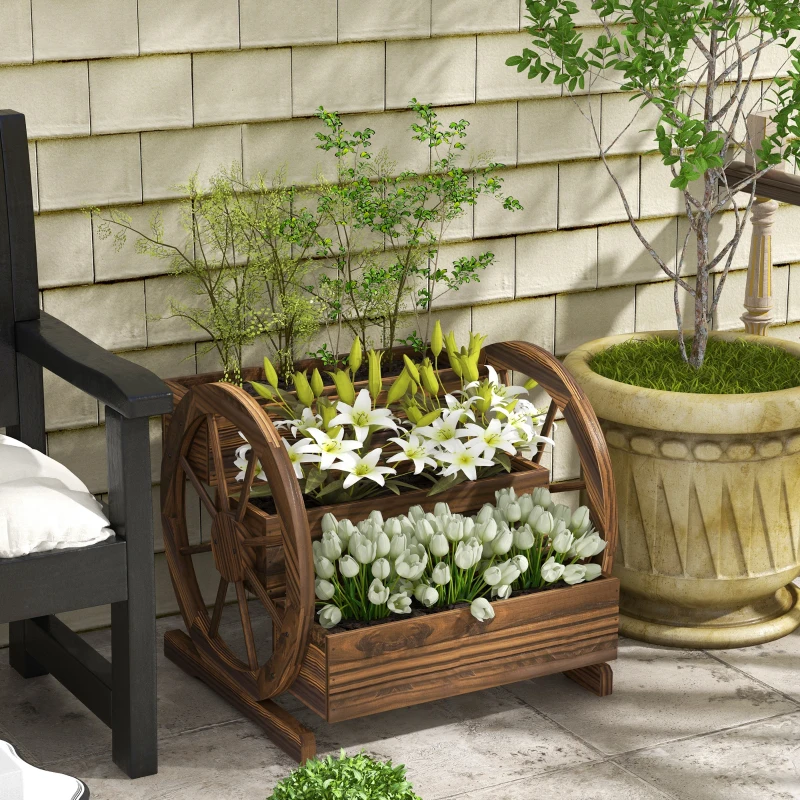 Outsunny Jardinière sur Pieds carré Potager 3 étages Style Rustique avec 2 roues Charrette trous de drainage, 62x61x57cm marron