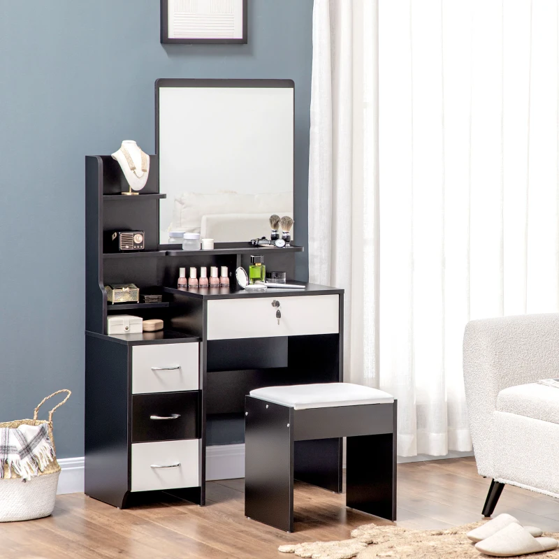 HOMCOM Ensemble de coiffeuse table de maquillage avec tabouret rembourré grand miroir + plusieurs étagères ouvertes + 4 tiroirs blanc noir