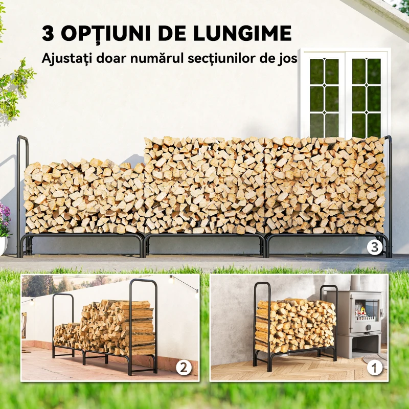 Outsunny Suport pentru Lemne de 1m³ Reglabil cu Acoperire Impermeabilă din PE, din Metal, 300x36x99 cm, Negru și Verde Închis