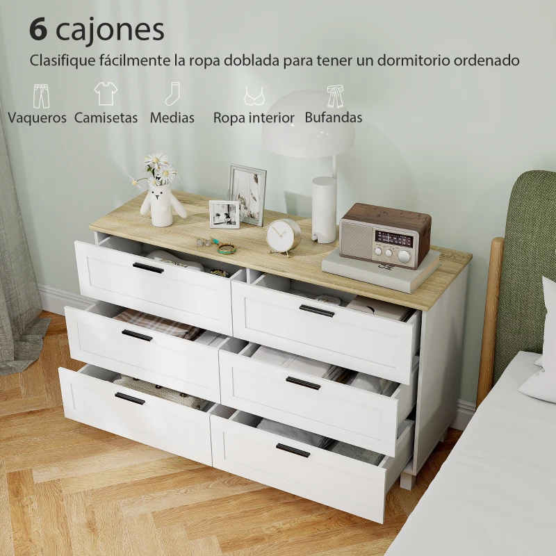 HOMCOM Cómoda Dormitorio con 6 Cajones Patas de Madera para Salón Oficina 120x38x71 cm Blanco