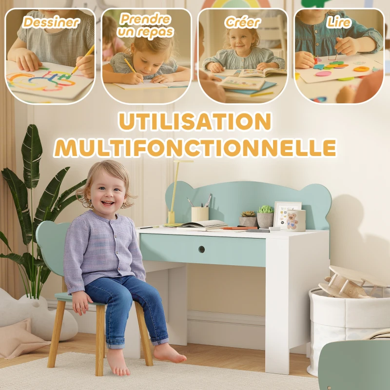 AIYAPLAY Bureau enfant avec chaise, table enfant et chaise avec tiroir et large plateau, 80 x 41 x 74,5 cm, vert