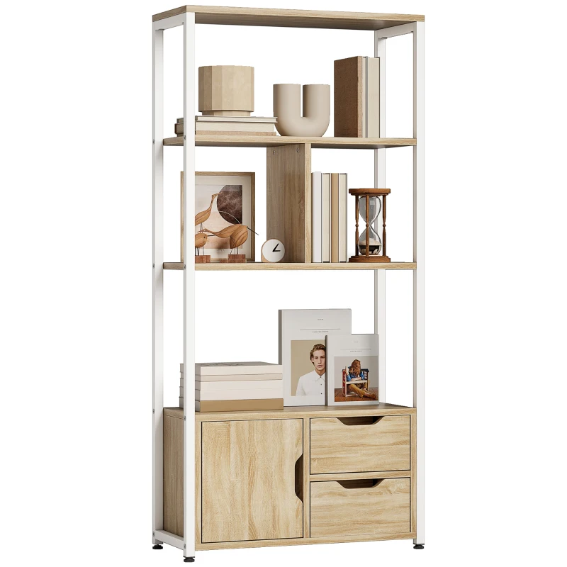 HOMCOM Librería Estantería para Libros con Estantes Cajones y Puerta 58x24x122 cm Estilo Industrial Blanco y Madera Natural