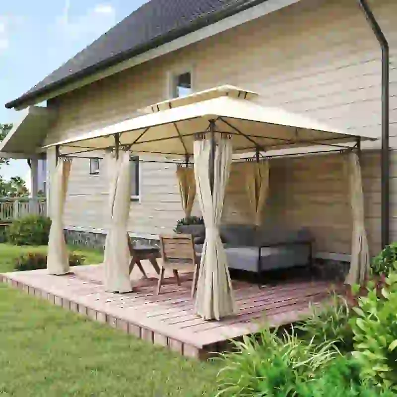 Outsunny Cenador de Jardín de 4x3 m con Doble Techo Paredes Laterales Resistente al Agua para Exterior Terraza Beige