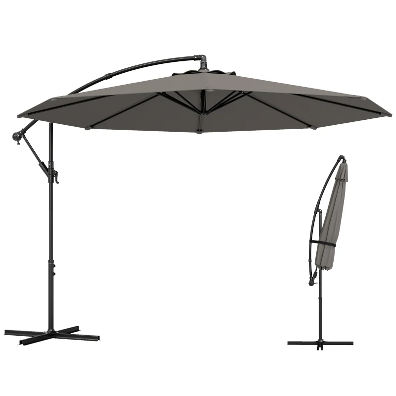 Outsunny Parasol Excéntrico Ø300 cm con Base Cruzada Toldo Ajustable y Manivela UPF30+ para Terraza Patio Gris