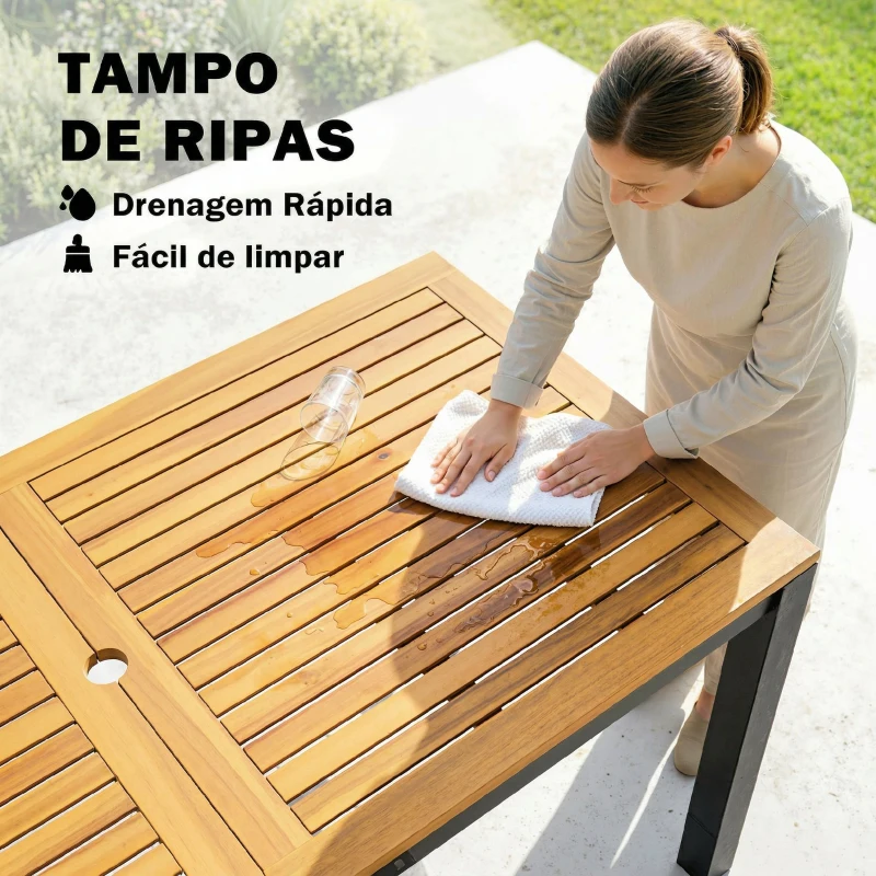 Outsunny Mesa de Jantar de Jardim em Madeira para 6 Pessoas com Tampo de Ripas e Orifício 150x75x75 cm Natural