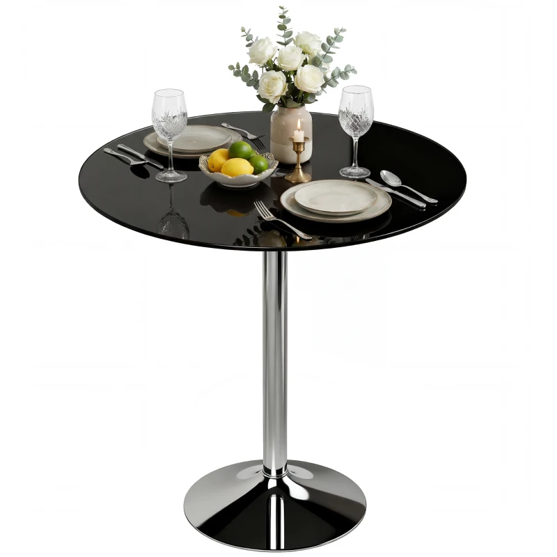 HOMCOM Round Bar Table, Modern Dining Table with Tempered Glass Top and Steel Frame for 4, 70 x 70 x 75.5cm, Black
