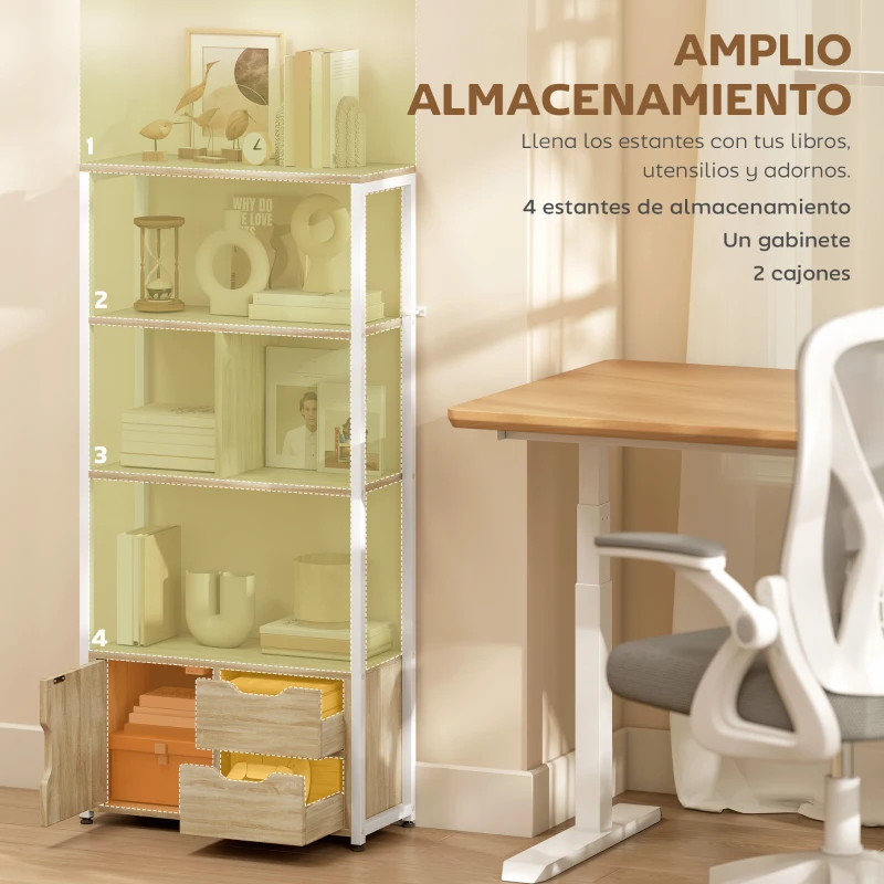 HOMCOM Librería Estantería para Libros con Estantes Cajones y Puerta 58x24x122 cm Estilo Industrial Blanco y Madera Natural