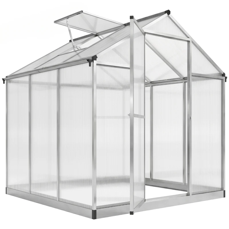 Outsunny Serre de jardin en aluminium polycarbonate, serre avec fenêtres supérieures réglables, porte battante, abri extérieur résistant aux intempéries pour plante fleur, 242x190x195 cm, transparent(m-12)