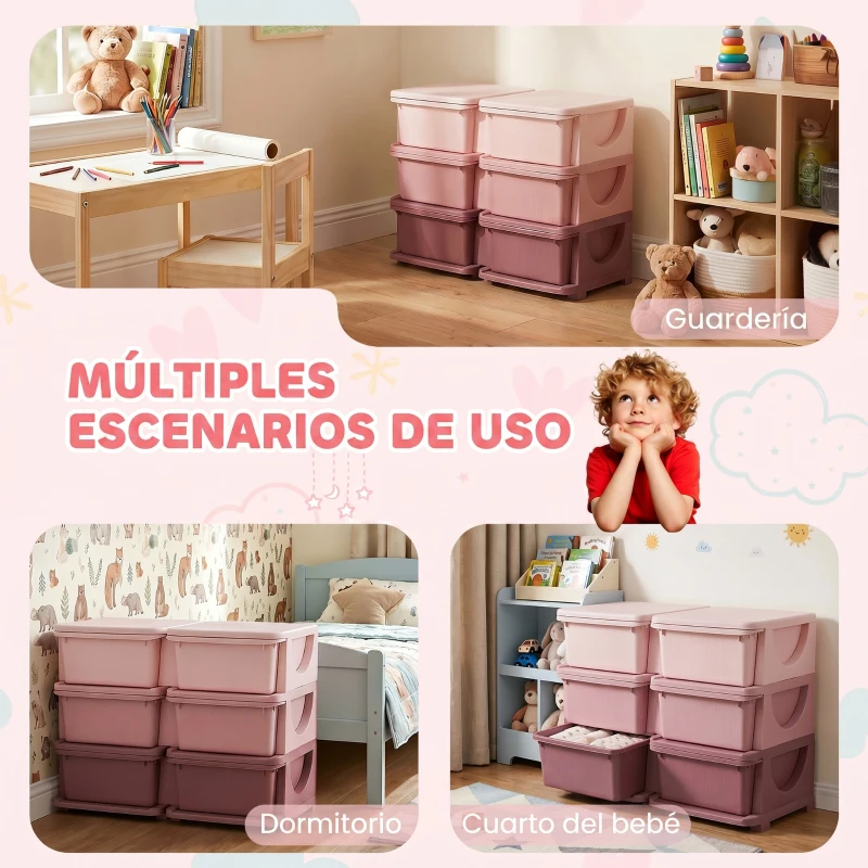 HOMCOM Torre de Almacenamiento Infantil con 6 Cajones Organizador de Juguetes con Bordes Redondeados y Asas 75x37x56,5 cm Rosa