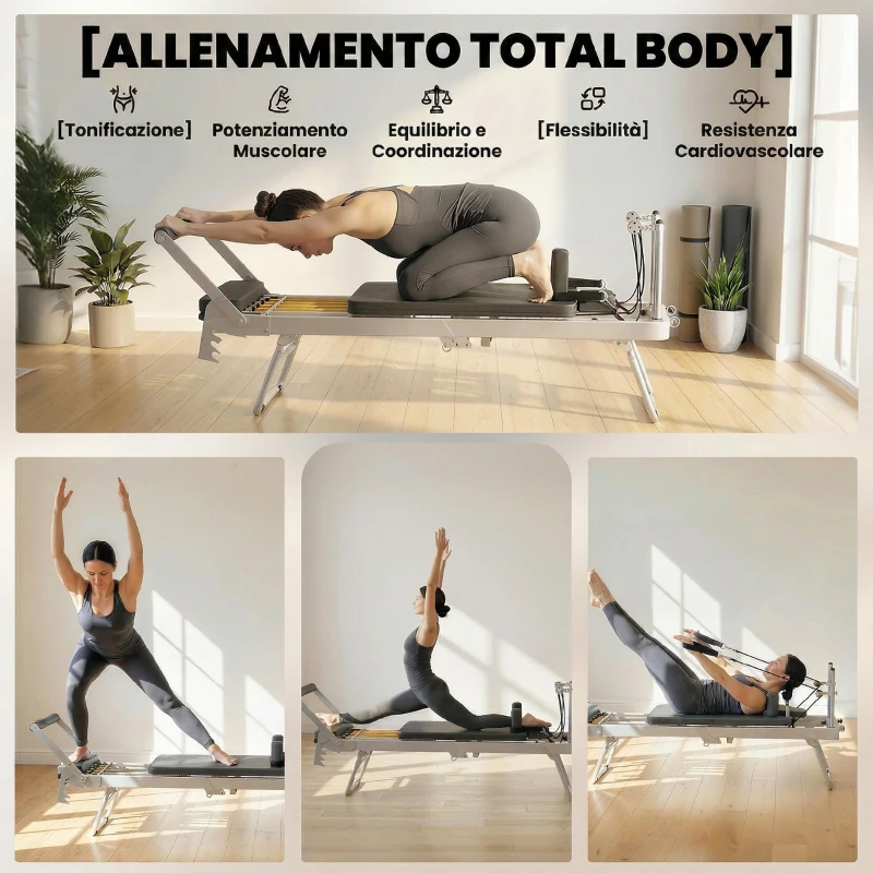 SPORTNOW Reformer Pilates Pieghevole per Casa con 2 Bande Elastiche, 195x56x88 cm