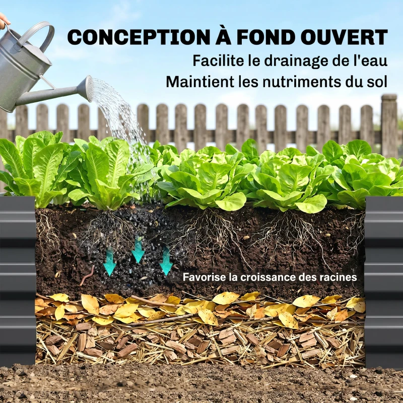 Outsunny Carré potager de jardin rectangulaire jardinière extérieure 241 x 90 x 30 cm tôle d'acier ondulée gris