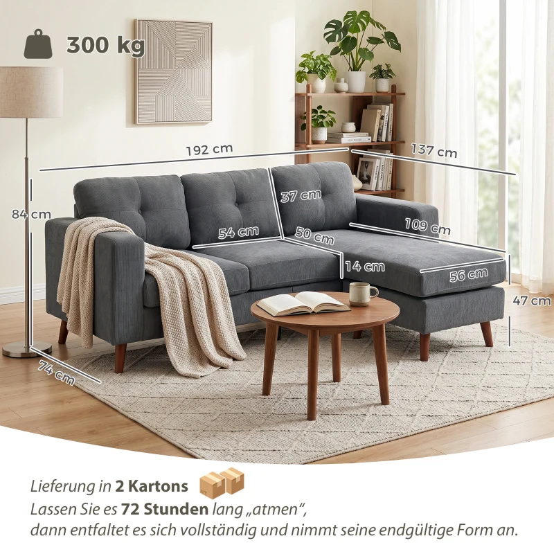 HOMCOM Canapé d'angle 192 cm en L 3 places avec chaise longue réversible, aspect velours côtelé, pour petits espaces, gris foncé