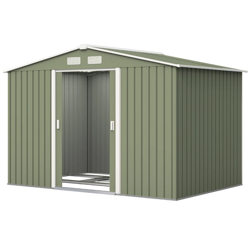 Outsunny 9 x 6ft Metal Garden Shed, Waterproof Outdoor Bike Storage Shed Galvanised with Vents, Foundation Kit, Apex Roof and Lockable Double Doors for Patio Lawn, Light Green