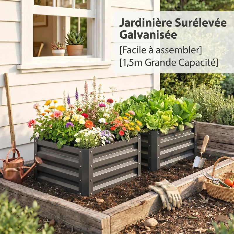 Outsunny Lot de 2 jardinières surélevées, carre potager de jardin pour légumes, fleurs, acier galvanisé 60 x 60 x 30,5 cm, gris