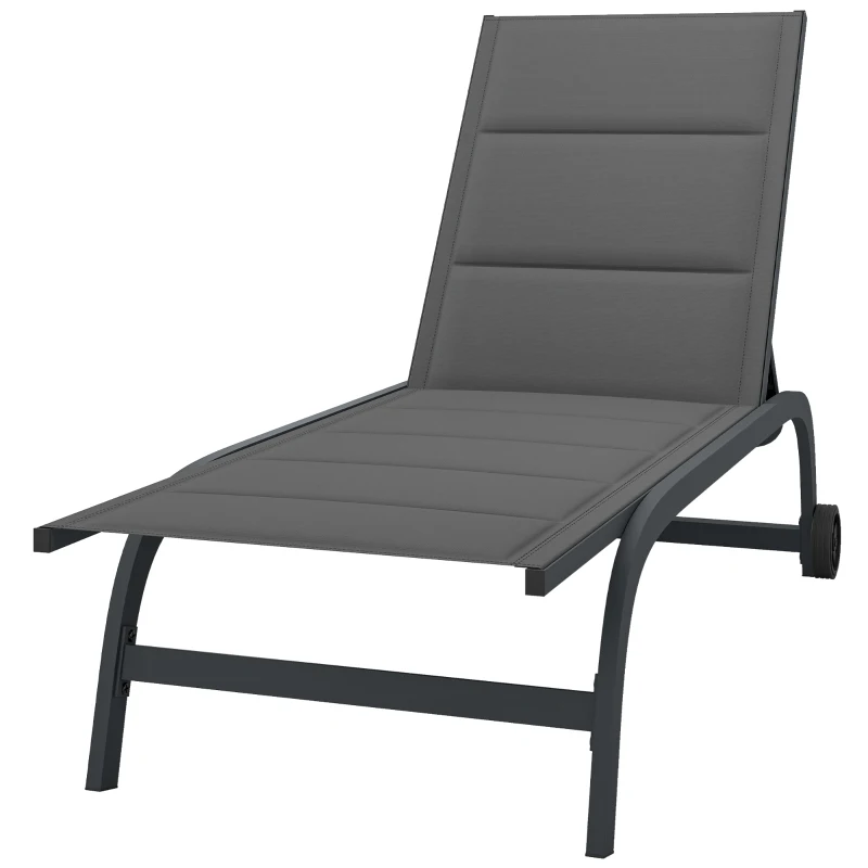 Outsunny Sonnenliege Atmungsaktive Gartenliege mit 6-fach Verstellbar Rückenlehne Rädern Aluminiumrahmen Dunkelgrau