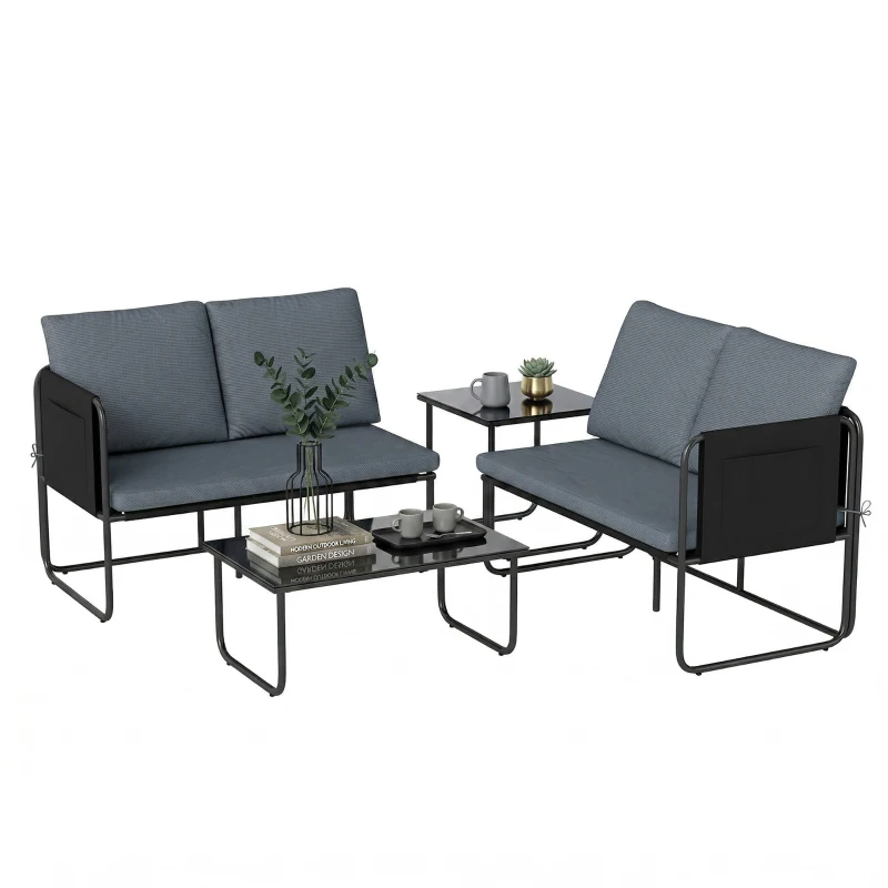 Outsunny Conjunto Jardín Exterior de 4 Piezas con 2 Sofás 2 Plazas 2 Mesas de Vidrio Cojines Fundas Extraíbles y Bolsillos Gris