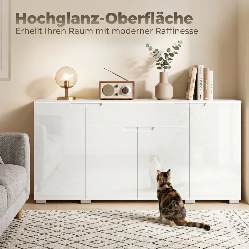 HOMCOM Hochglanz-Sideboard, moderne Kommode mit 4 Türen und verstellbaren Einlegeböden, Soft-Close-Funktion, Weiß