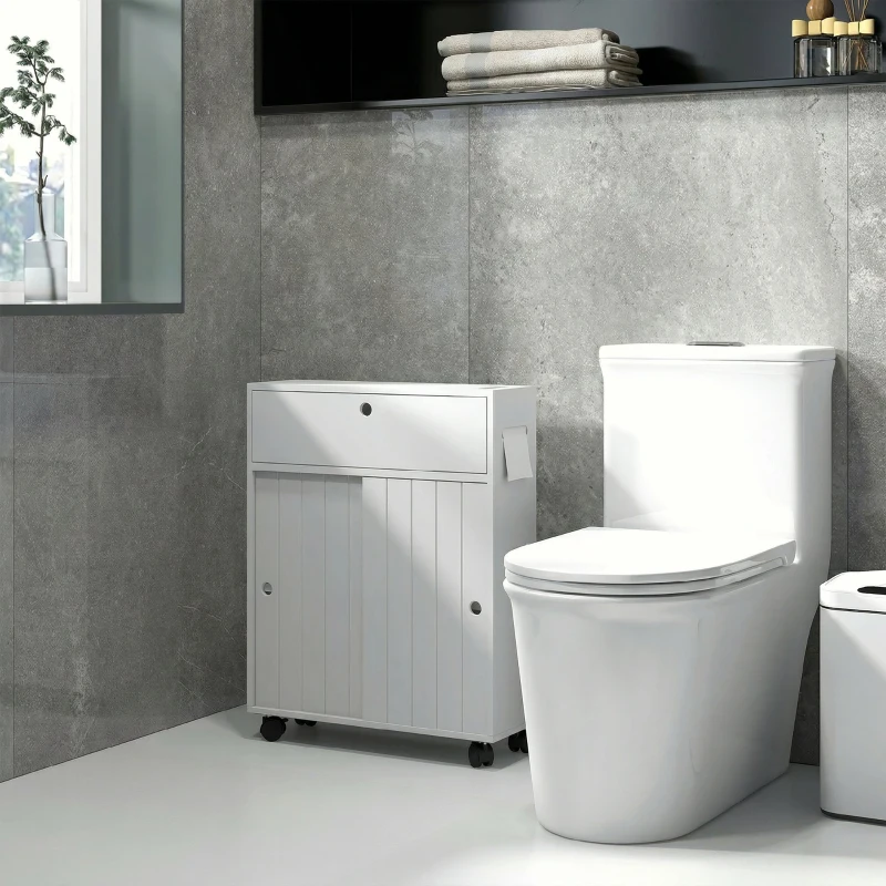 kleankin Mobile Bagno Stretto con Ruote, Ante Scorrevoli, Ripiani Regolabili e 2 Fori per Carta Igienica, Bianco