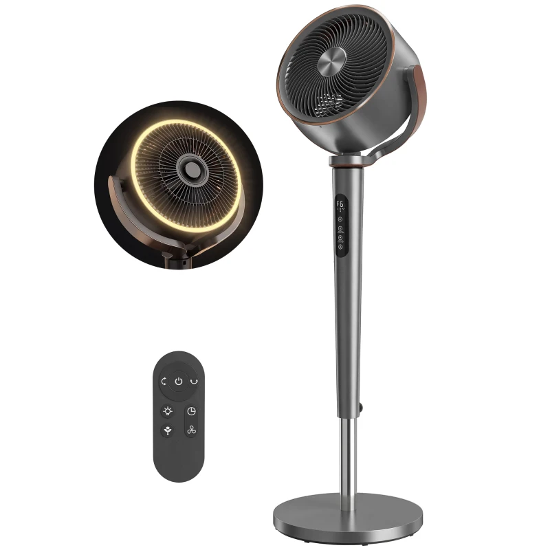 HOMCOM 20dB Silent Standing Fan, 70°+90° Auto Oscillating Fan with 12 Speeds, LED Light, Air Circulator, Remote Control, 12H Timer, for Bedroom, 46 Inch, Grey