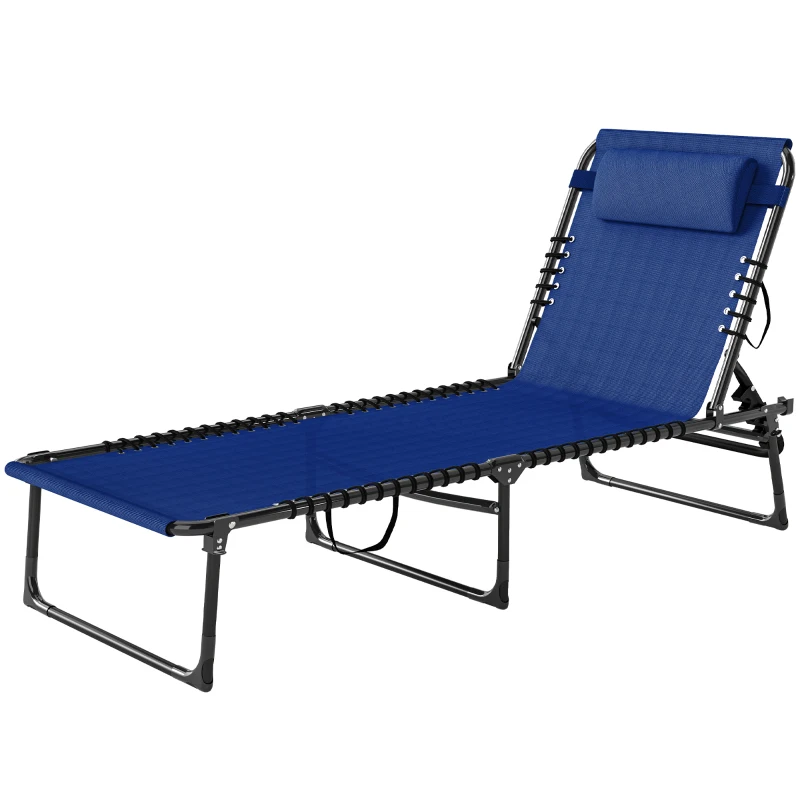 Outsunny Tumbona Plegable, Tumbona Jardín Exterior Reclinable 4 Posiciones con Reposacabezas y Marco de Acero, Carga 120 kg, para Terraza, Piscina, Playa, 189x58x30 cm, Azul Oscuro
