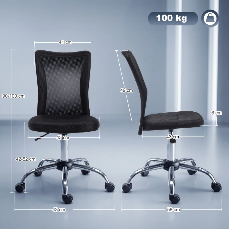 Vinsetto Sedia da Ufficio Ergonomica Senza Braccioli, Sedia per Scrivania in Tessuto Traspirante a Rete, Altezza Regolabile e 5 Ruote, 43x58x90-100 cm, Nero