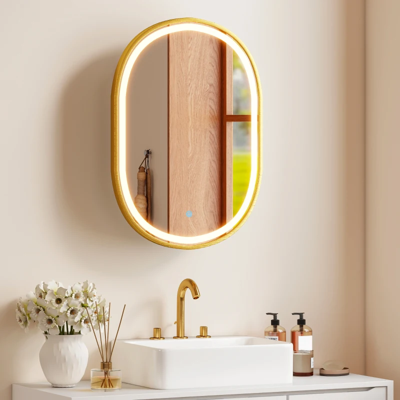 HOMCOM Armoire murale salle de bain avec miroir et éclairage LED, porte ovale, anti-buée, 50x14,5x70cm, doré