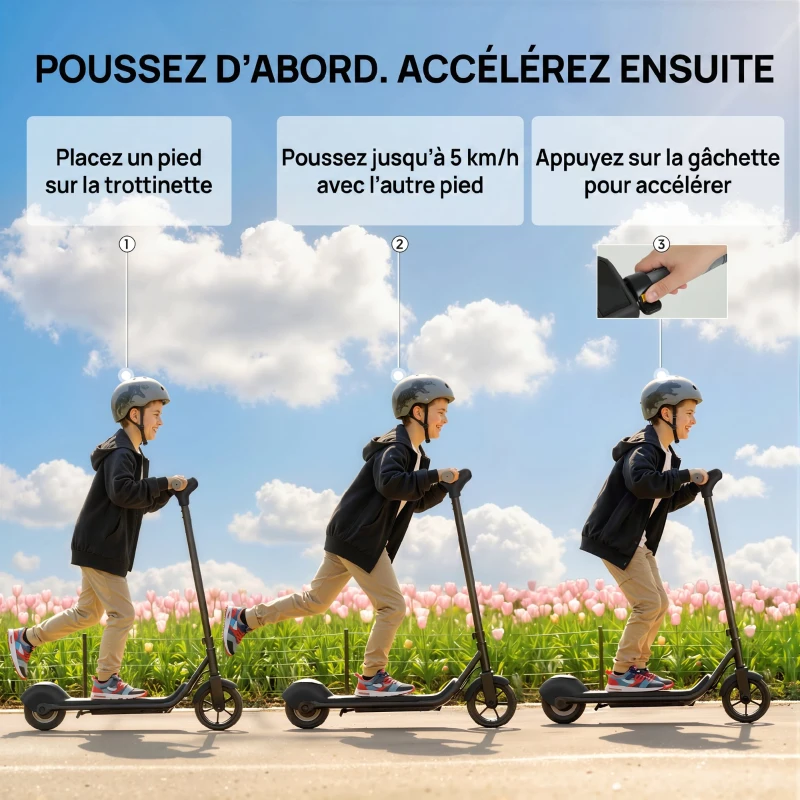 SPORTNOW Trottinette électrique enfants 6-14 ans, écran LED, lumières RGB, pneus 6,5'', vitesse 10 km/h, démarrage au kick, noir