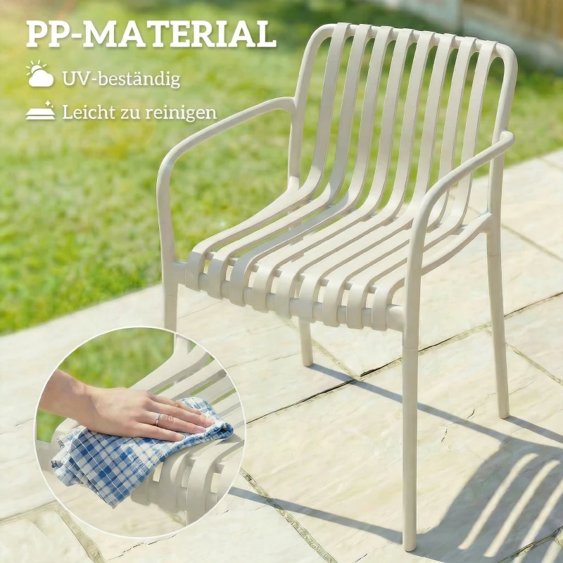 Outsunny Tuinstoelen 4er Set Stapelbare Terrasstoelen met Lamelontwerp Armleuningen, Ergonomisch Cremewit