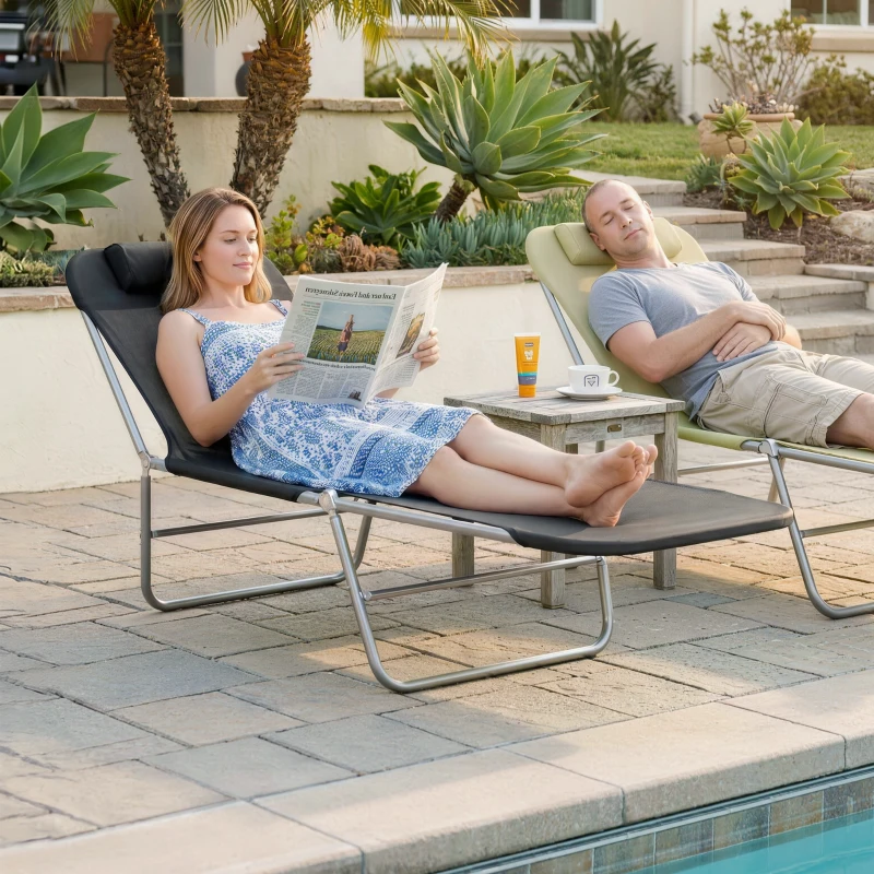 Outsunny Folding Sun Lounger, Texteline Reclining Sun Bed with 5 Position Adjustable Backrest, Headrest, Black