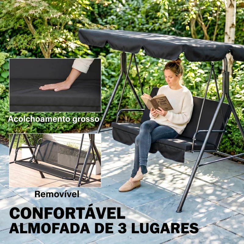 Outsunny Baloiço de Jardim de 3 Lugares com Almofada Toldo Ajustável e Estrutura de Aço para Balcão Terraço 172x110x153 cm Preto