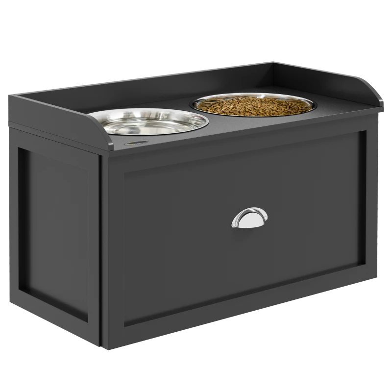 PawHut Gamelle Double Chien Chat - Porte-Gamelles Surélevé Rangement 2 en 1 - Tiroir, 2 Gamelles - Acier Inox MDF Noir