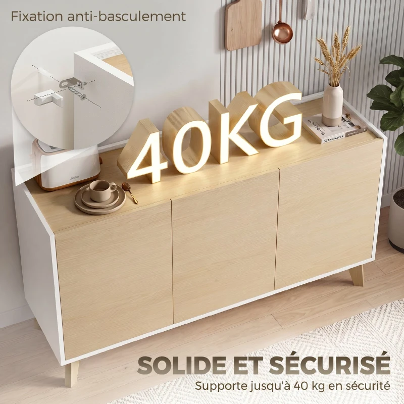 HOMCOM Buffet cuisine, meuble de rangement nordique, 3 portes à fermeture douce, 6 compartiments, bois naturel et blanc