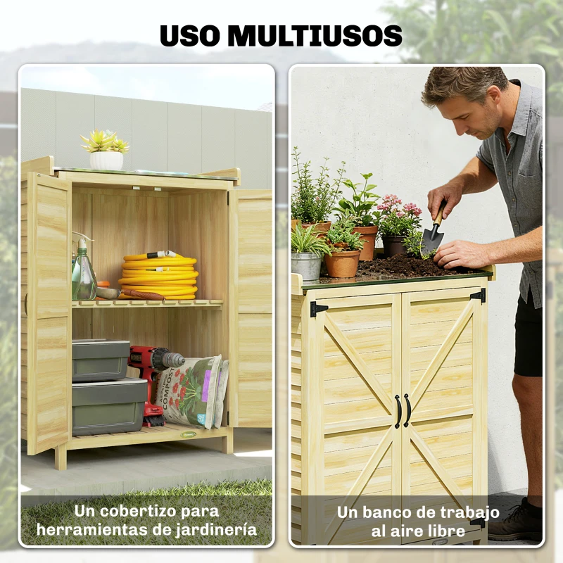 Outsunny Cobertizo de Jardín Exterior de Madera con Techo de Metal y Ganchos para Almacenaje Herramientas 71,5x39x95 cm Natural