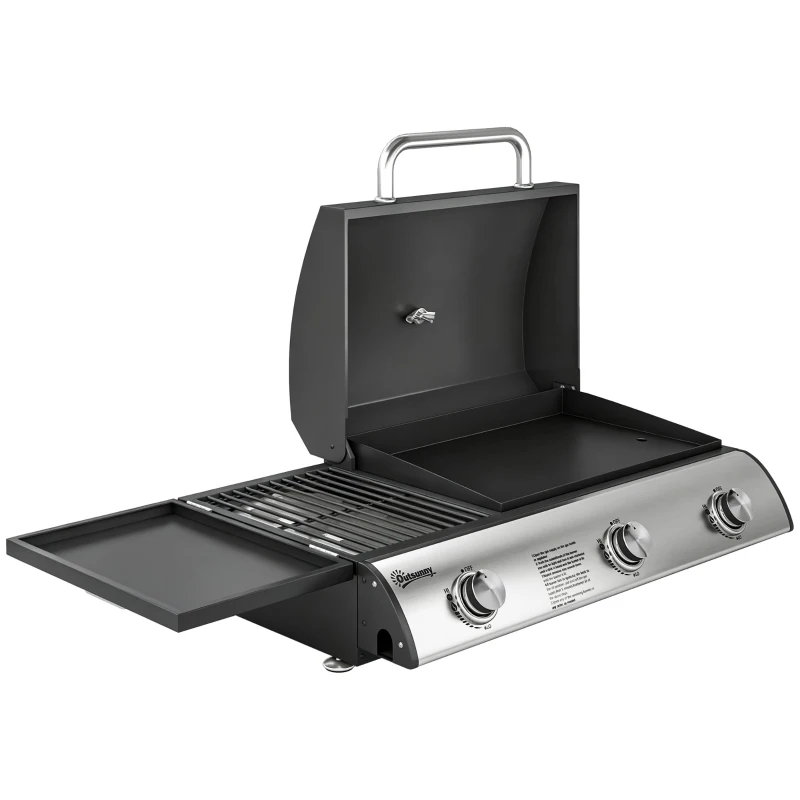 Outsunny Barbecue à Gaz de Table 3 Brûleurs Combiné Gril et Plancha avec Couvercle et Thermomètre 7,5 kW Portable Noir