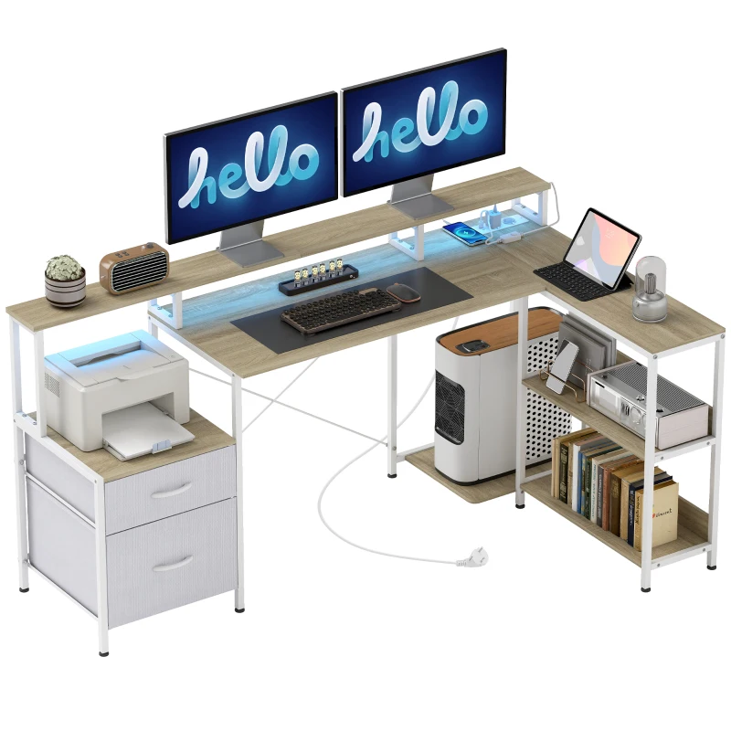 HOMCOM Escritorio de esquina con enchufes y luces LED RGB, escritorio de ordenador, 172 x 100 cm, soporte para pantalla, 2 cajones, blanco