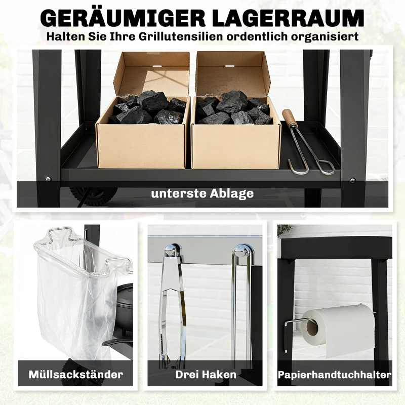 Outsunny Küchenwagen mit Rollen Servierwagen mit Haken Papierrollenhalter Müllsackständer Edelstahl 115 x 67,5 x 80,5 cm Schwarz