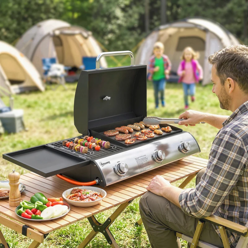 Outsunny Barbecue à Gaz de Table 3 Brûleurs Combiné Gril et Plancha avec Couvercle et Thermomètre 7,5 kW Portable Noir