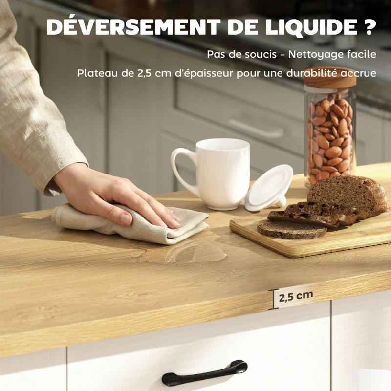 HOMCOM Îlot de Cuisine avec Station de Charge, Chariot de Cuisine à Roulettes avec Plan de Travail Rabattable, 2 Tiroirs, Blanc