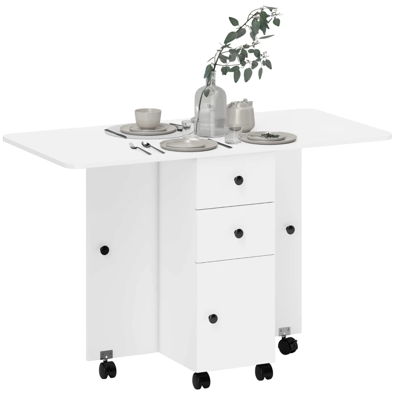 HOMCOM Mesa Plegable con Ruedas y Alas Abatibles Mesa Auxiliar Multifuncional con Almacenaje 120x60x76,5 cm Blanco