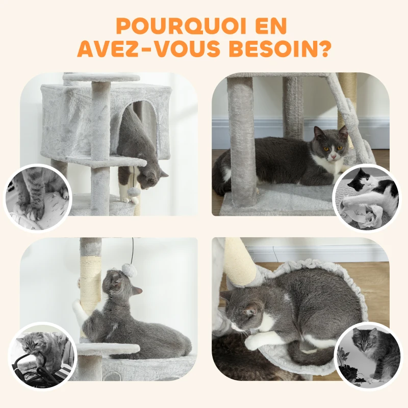 PawHut Arbre à chat tour de jeux pour chat, platesformes, niches, lit, hamac, échelle et griffoirs en sisal 56x56x180cm gris